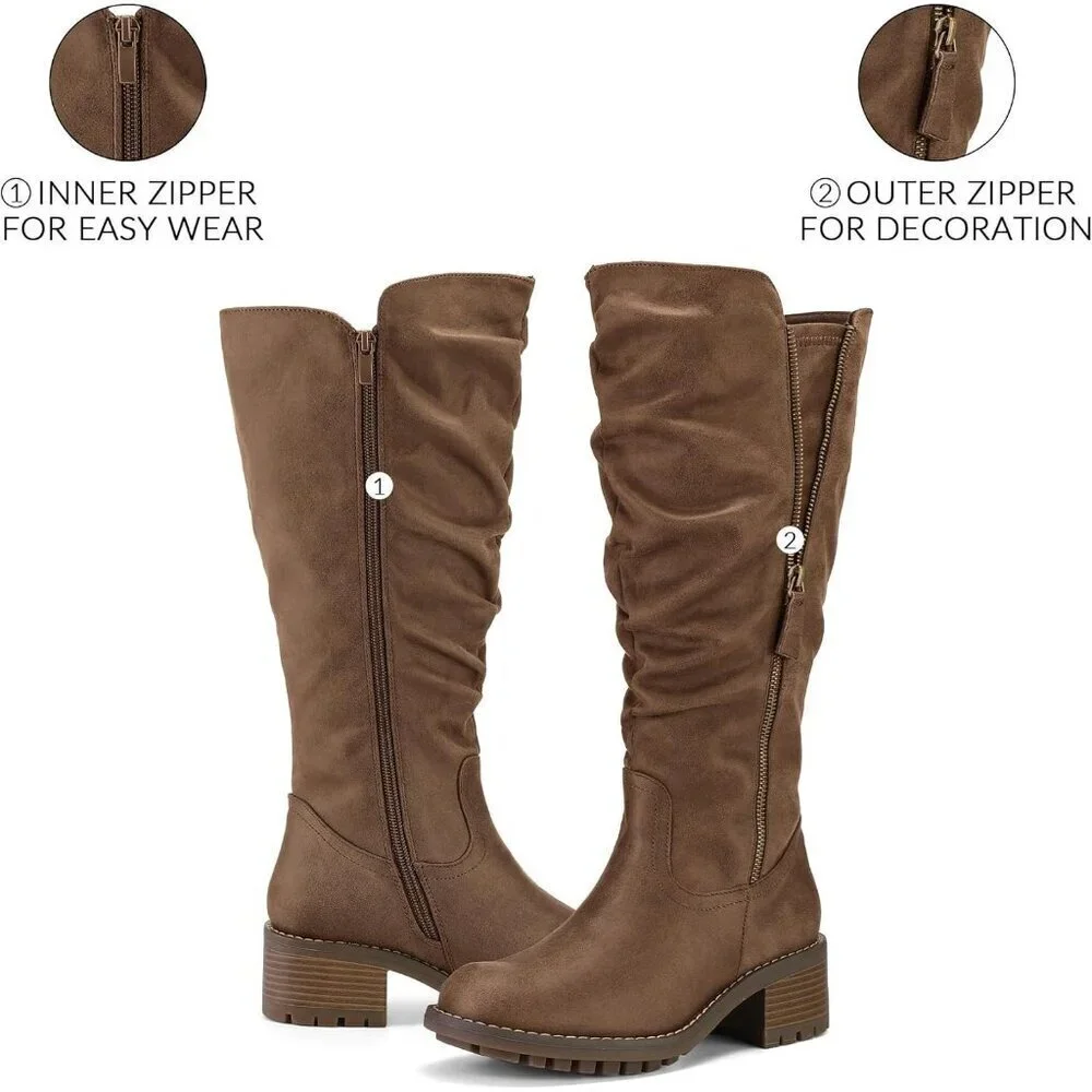 Women's Brown Mysoft Knee High Boots Chunky Heel Lug Sole Side Zipper 2 Inch